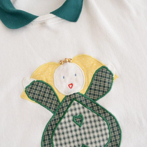 Vintage Jerzees Cream Angel Embroidered Green Collared  Crewneck Sweater 2X - Picture 11 of 11